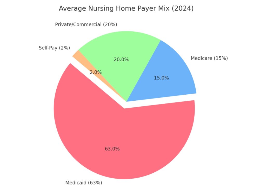 Pie chart showing nursing home payer mix: Medicaid 63%, Medicare 15%, Private/Commercial 20%, Self-Pay 2%.