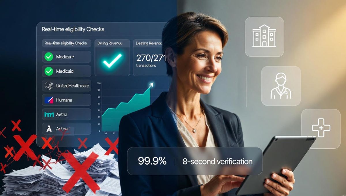 Professional long-term care business office managers reviewing real-time Medicare, Medicaid, UnitedHealthcare, Humana, and Aetna eligibility verification results on a digital dashboard showing 99.9% accuracy and 8-second verification with rising revenue graph – Insurance Eligibility Verification 2025 Guide for SNFs, Home Health and Hospice