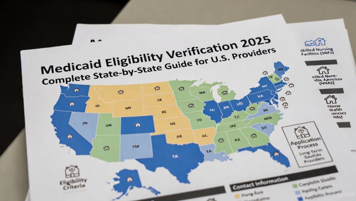 Medicaid eligibility verification 2025: U.S. state-by-state map with SNF and home health agency icons